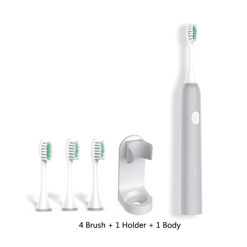 Nouvelle brosse à dents électrique adulte vague sonique Rechargeable IPX7 étanche puce intelligente brosse à dents tasse tête USB Rechargeable clair 40: Grey-4