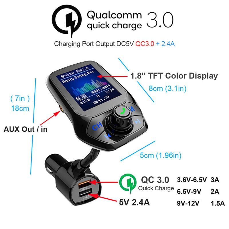 Bluetooth 5.0 Fm-zender Auto AUX USB MP3 Speler Draadloze Handsfree Carkit Met QC3.0 Quick Charge 3 Usb-poorten autolader