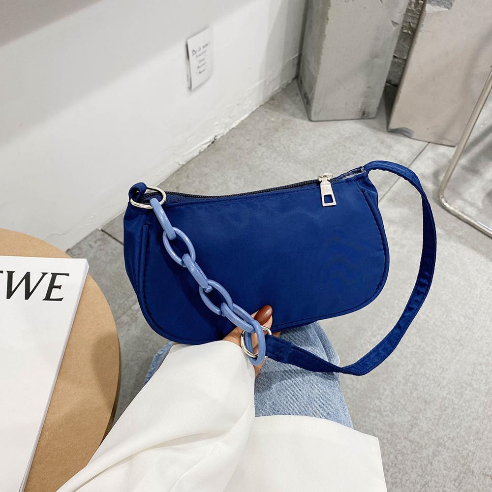 Simple Women Nylon Handbags Female Classic Texture Chic Leisure Daily Zipper Underarm Shoulder Totes Bags: Navy Blue