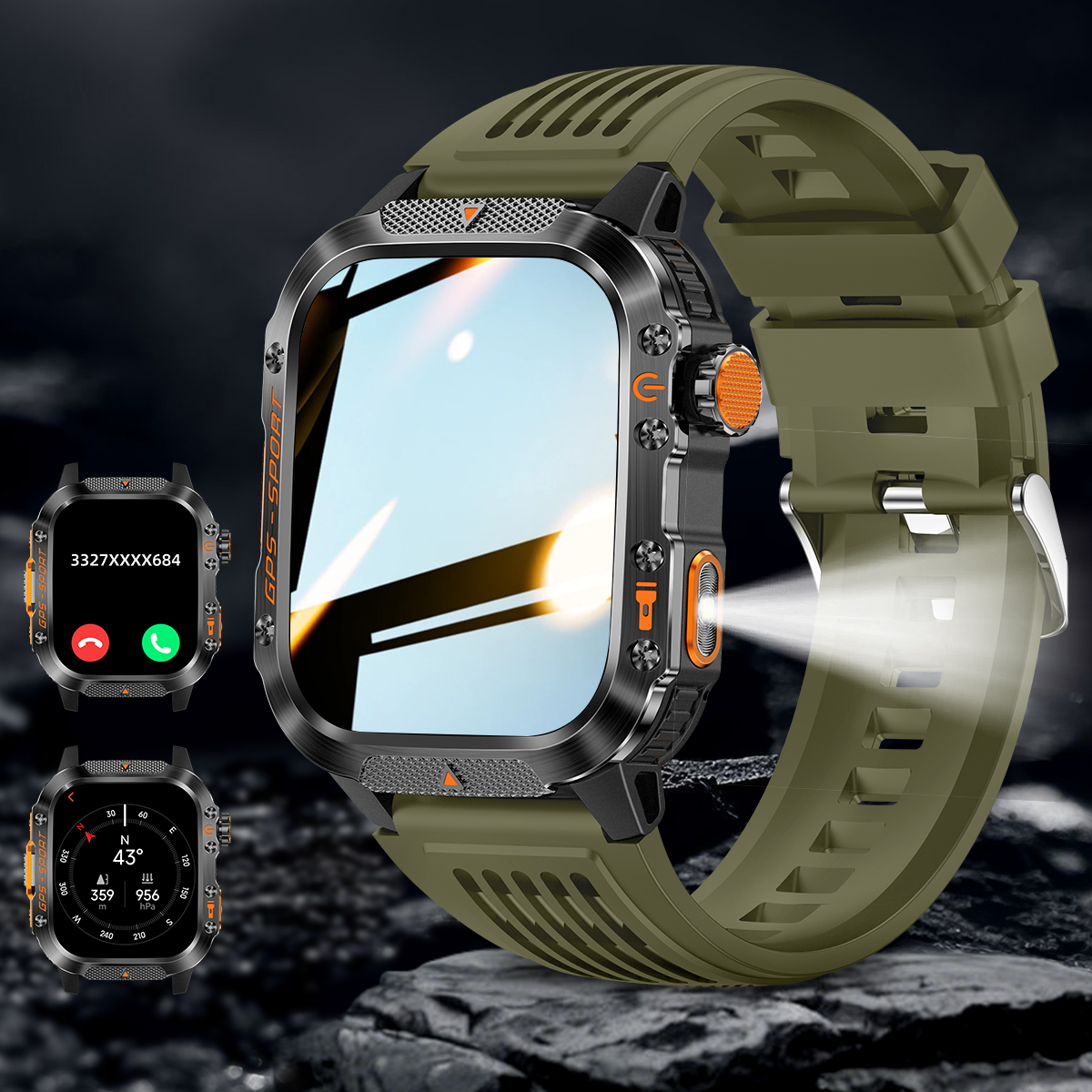 Nuovo accorto guarda costruito-in GPS a doppia frequenza Chiamata senza fili 3ATM Torcia portato impermeabile Bussola sport tutto'aria aperta da uomo Smartwatch: Rosso