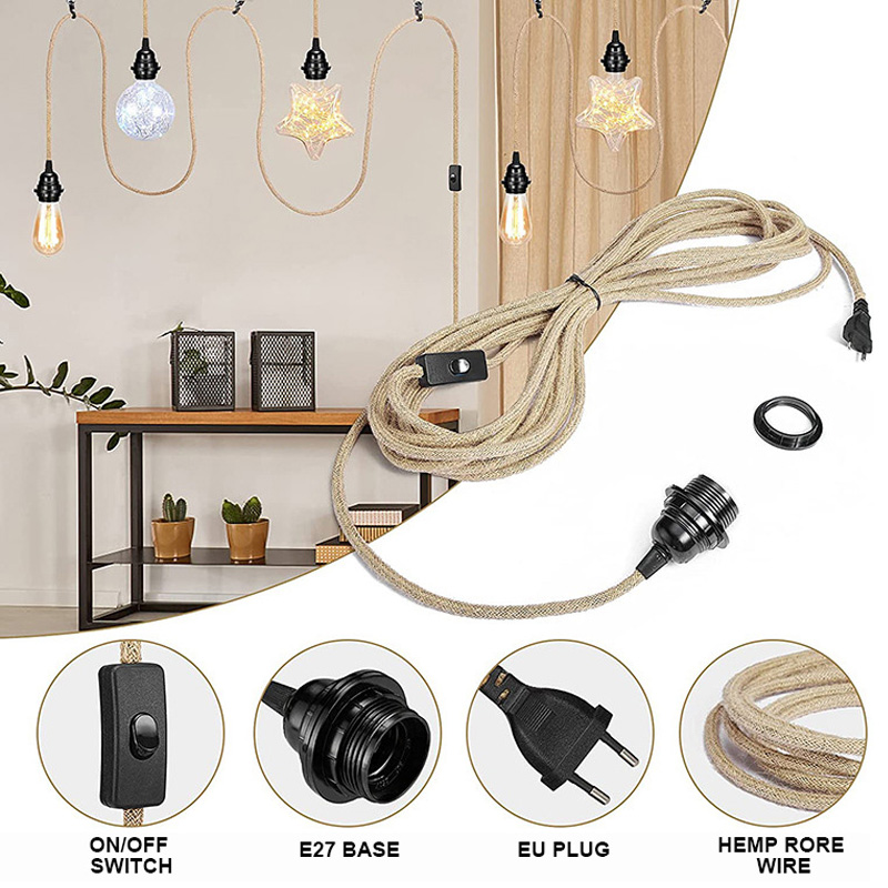 Genixgreen DIY Cable trenzado Base de lámpara cuerda Cable eléctrico 2 núcleos 2M 3M E27 enchufe de la UE enchufe de plástico Vintage ON OFF Cable de interruptor