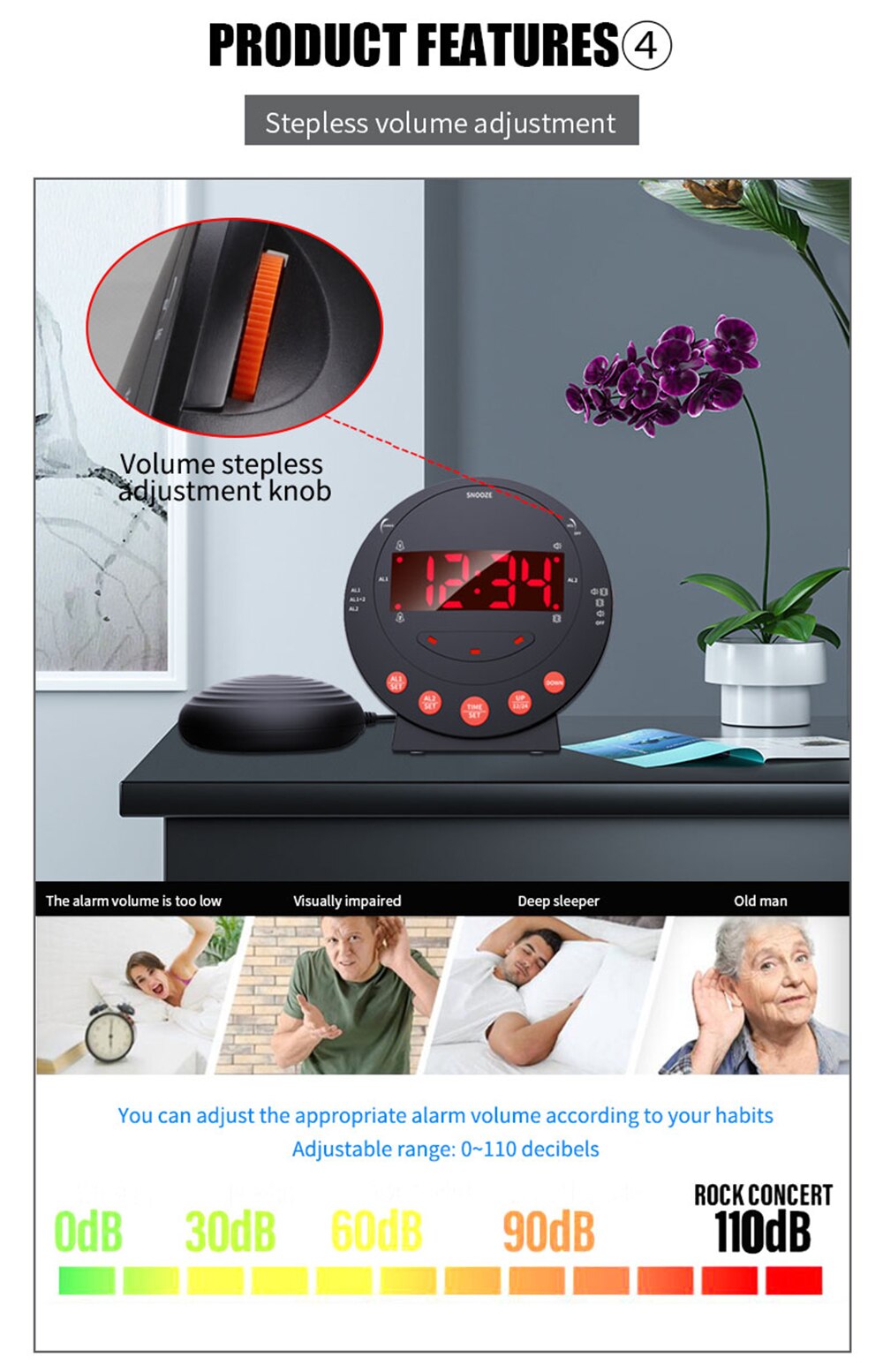 LED Smart Alarm Clock with Vibration Super Loud for Heavy Sleepers,Hearing Impaired People Bedside LED Digital Bedroom Clock