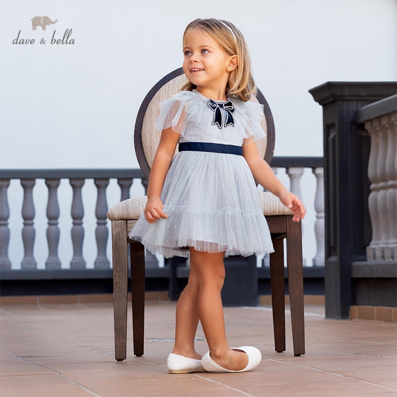 DB13090 Dave Bella Zomer Baby Meisje Prinses Boog Effen Mesh Jurk Kinderen Party Mode Jurk Kids Baby Lolita Kleding