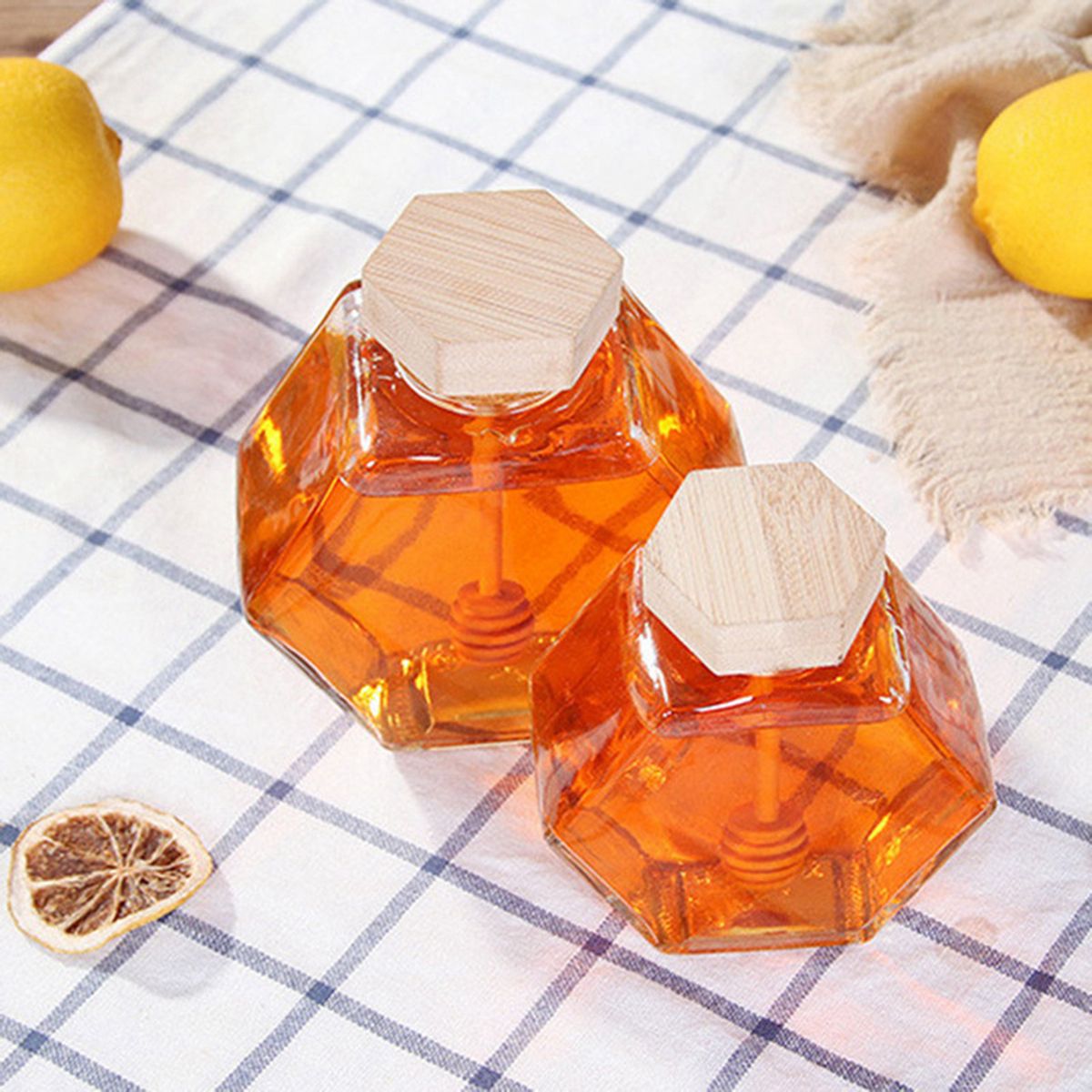 Glass Honey Bottle Hexagonal Transparent with Cork Lid Wooden Stirring Rod Mini Honey Jar for Party Favors