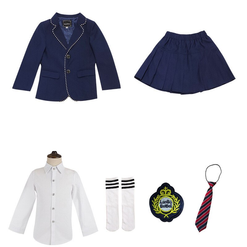 Boys School Uniform Girls Navy Jacket Skirt Shirt Tie Suits Kids Formal Dress Tuxedo Clothes Sets Students Outfits Child Costume: Girl 6 Pcs Sets
