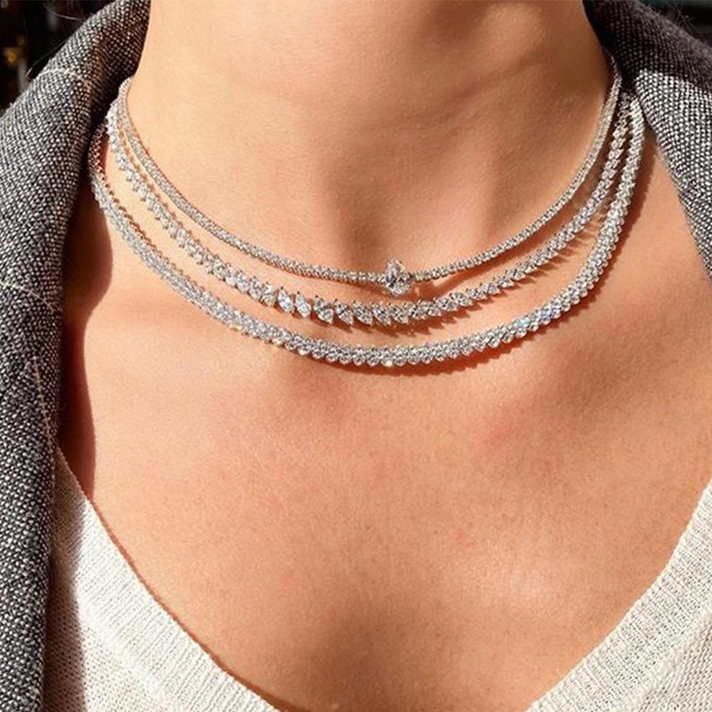 GLAMing Crystal Zircon Choker Necklace for Women Gold Chain Bling Water Shaped Silver-plated Tennis Chain Necklace Collar