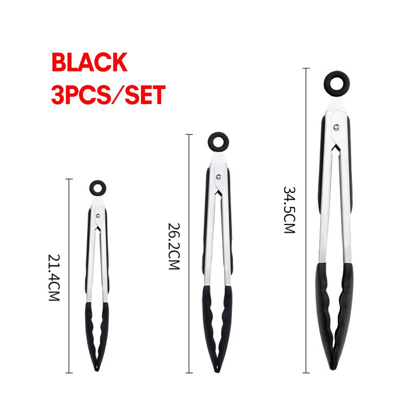 Juego de 3 pinzas de acero inoxidable para cocina utensilios de cocina con puntas de silicona, sin BPA, para ensalada, pan, pinzas para comida, herramientas para barbacoa: 3pcs black