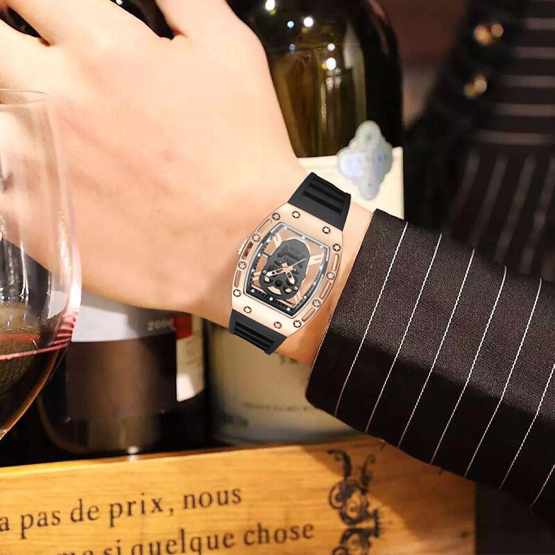 Skull tonneau skelet ur herre hul vandtæt kranium ur mandlig quartz silikone armbåndsur herre ur erkek kol saati
