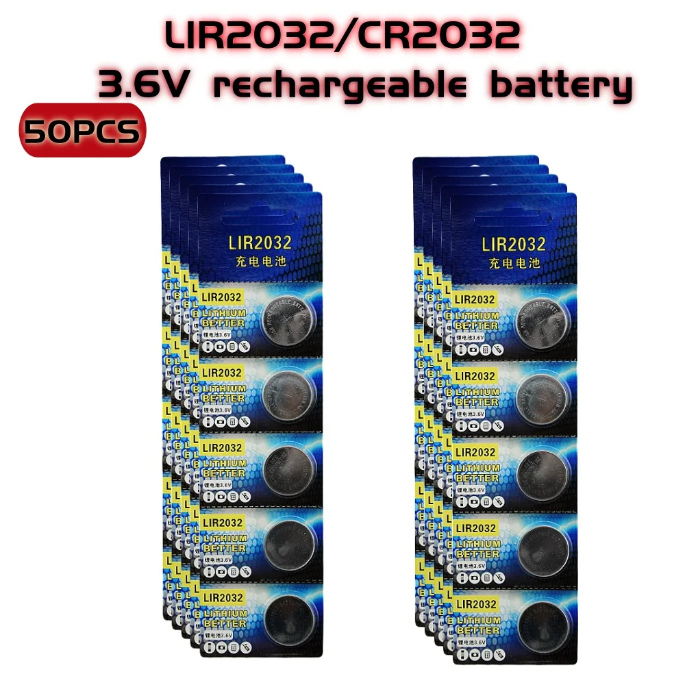 LIR2032 Rechargeable Battery 2032 Lithium charging Can Replace 3.6v 40mAH CR2032 for watches Coin Battery: Red