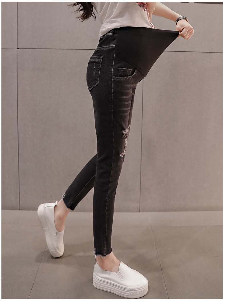 Tejanos nueve pantalones para mujeres embarazadas, modelos de otoño , ropa elástica con agujeros, ropa de maternidad informal