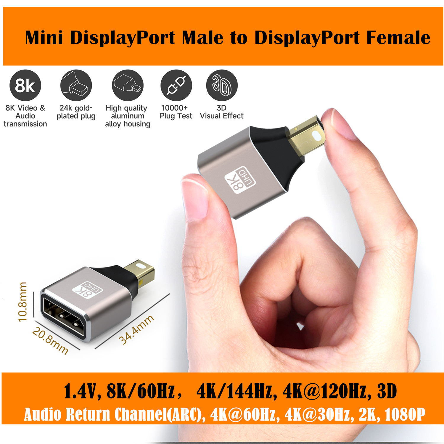 Mini DP Female to DisplayPort Male 8K Extension Converter 8K(7680x4320)@60Hz 4K@144Hz DisplayPort 1.4 Transmission DP to Mini DP