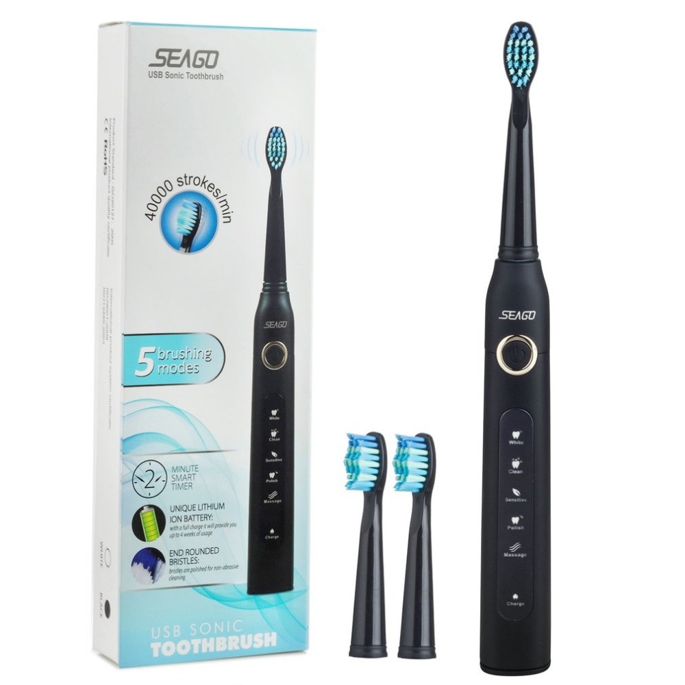 Seago SG-507 USB Rechargeable Electric Toothbrush Adult Waterproof Deep Clean Teeth Brush 2 Replacement Heads 5 Cleaning Modes