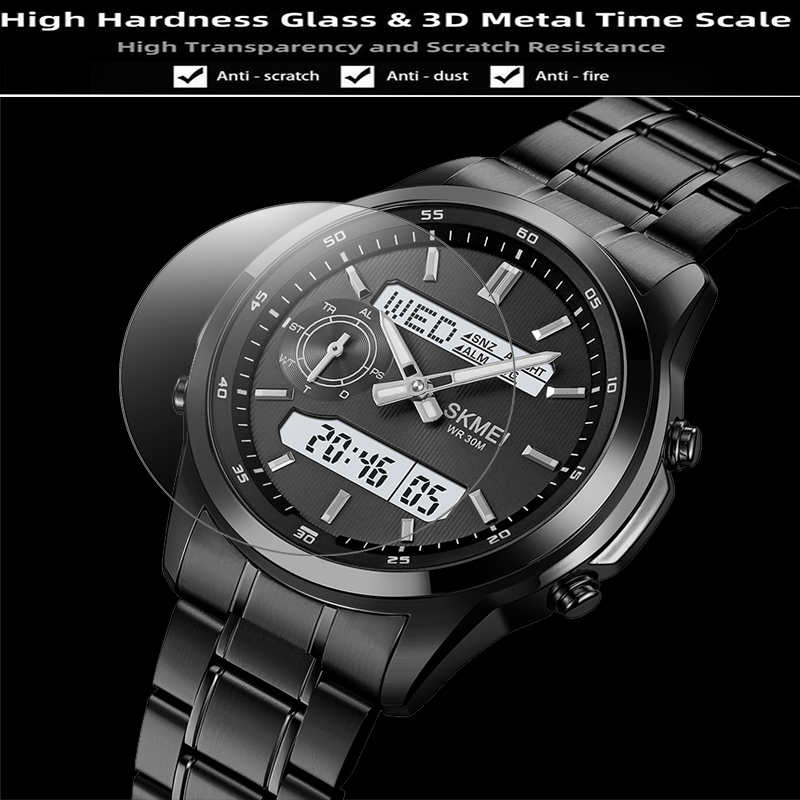 Skmei Herren-Sportuhren mit mehreren Zeitzonen, analoge Digitalanzeige, LED, wasserdicht, Quarz, elektronische Armbanduhr, 4 Wecker