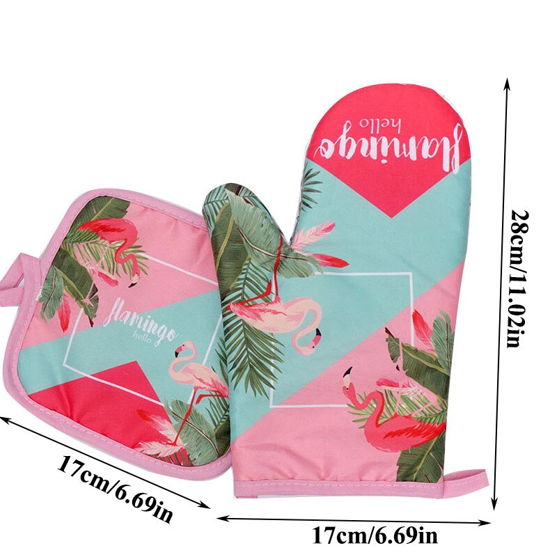 2PCS 1 Set Cotton Flamingo Kitchen Pad Cooking Microwave Baking BBQ Oven Potholders Oven Mitts Kitchen Gloves Mitts