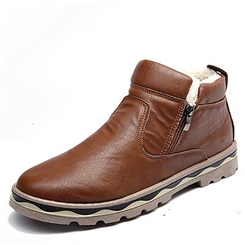 Mannen Bont Katoen Enkellaarsjes Casual Pluche Leer Super Warme Snowboots Mode Rits Flats Schoenen Antislip Winter laarzen: Bruin / 39