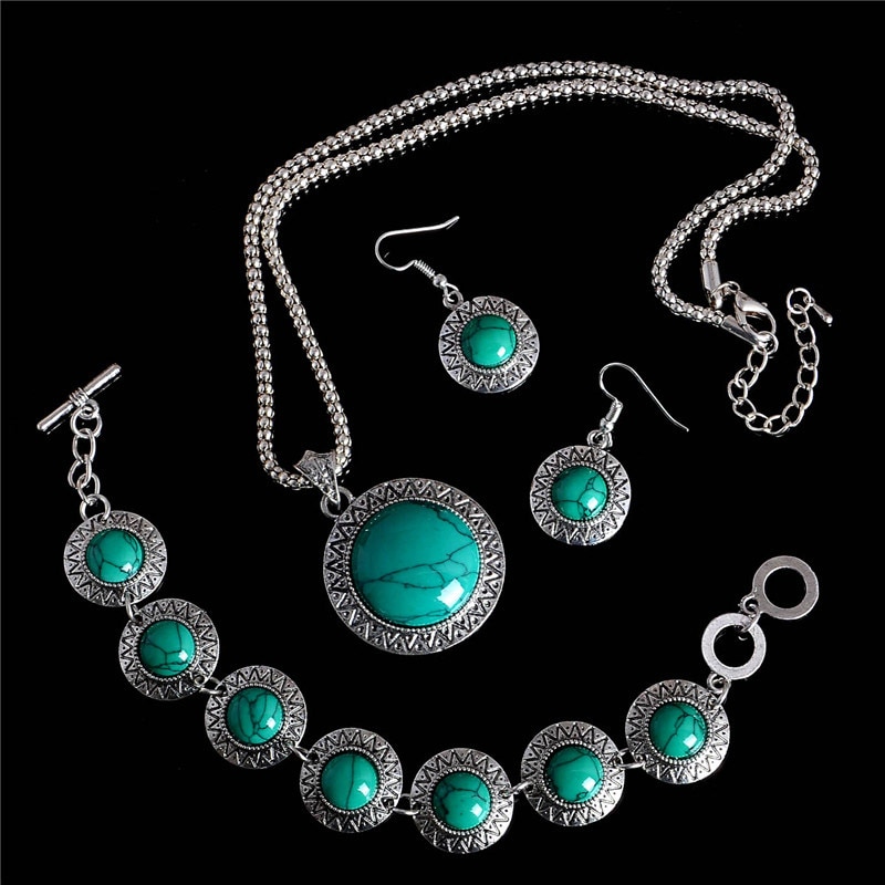 SHUANGR impostato di Gioielli D'epoca Verde naturale pietra Rotonda Del Pendente Degli Orecchini Della Collana Dei Braccialetti Delle Donne Della Boemia bijoux femme