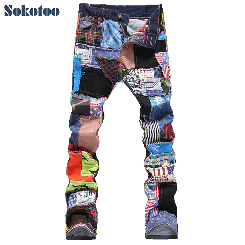 Sokotoo männer Patchwork verstärktes gerissen Denim Jeans Männlichen schlanke farbige Patch tasten fliegen gerade hosen