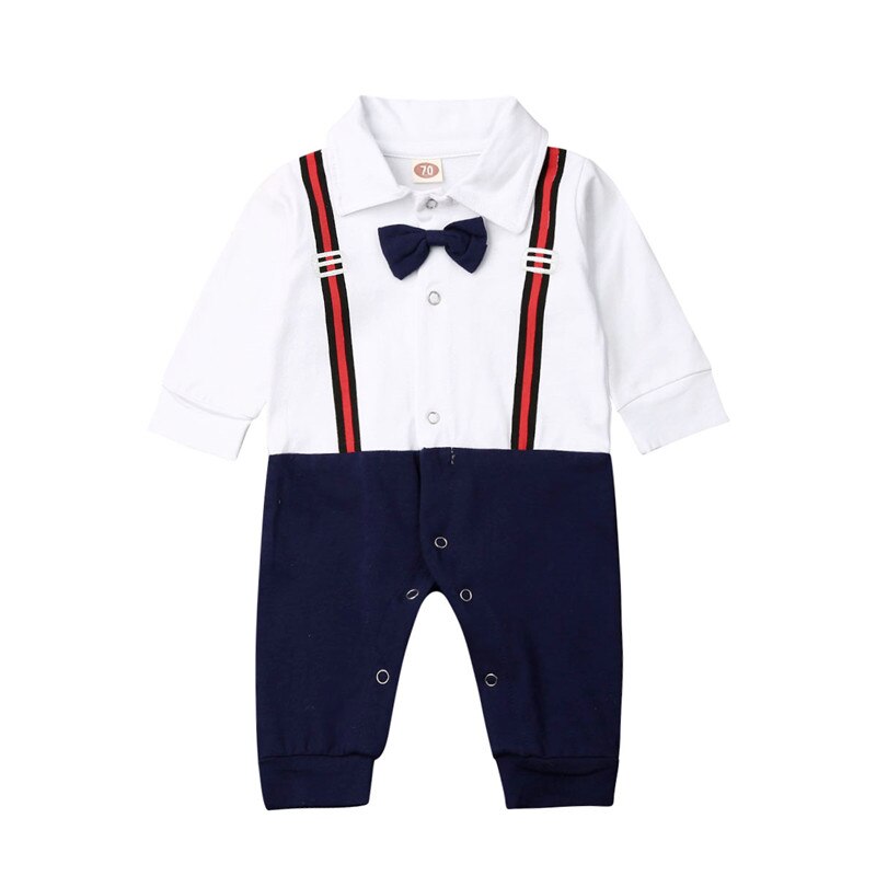 Caballero niños bebés mono pajarita Romper Tops de manga larga de algodón otoño ropa trajes: Azul / 6 meses