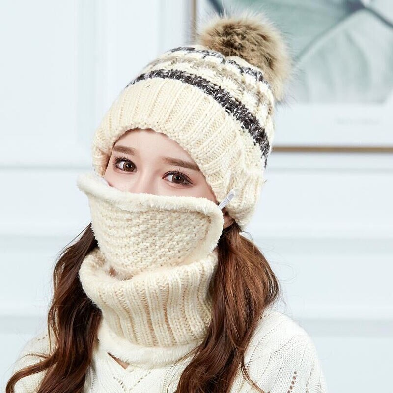 Gebreide wintermasker muts sjaal set dames dikke pompom mutsen ringsjaal warme wollen winteraccessoires voor dames winterset