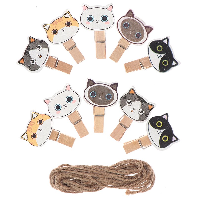 10 stuks/partij schattige cartoonkat schattige houten paperclips / kleine knutselfoto-knijpers