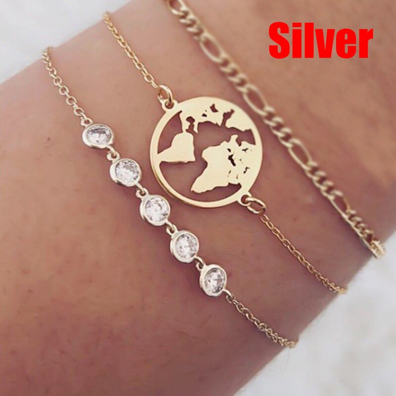 Charms Bracelets Women Bohemian Style World Map Tassel Bracelet Jewelry Jewellery Accesorios Pulseras Kpop: Silver