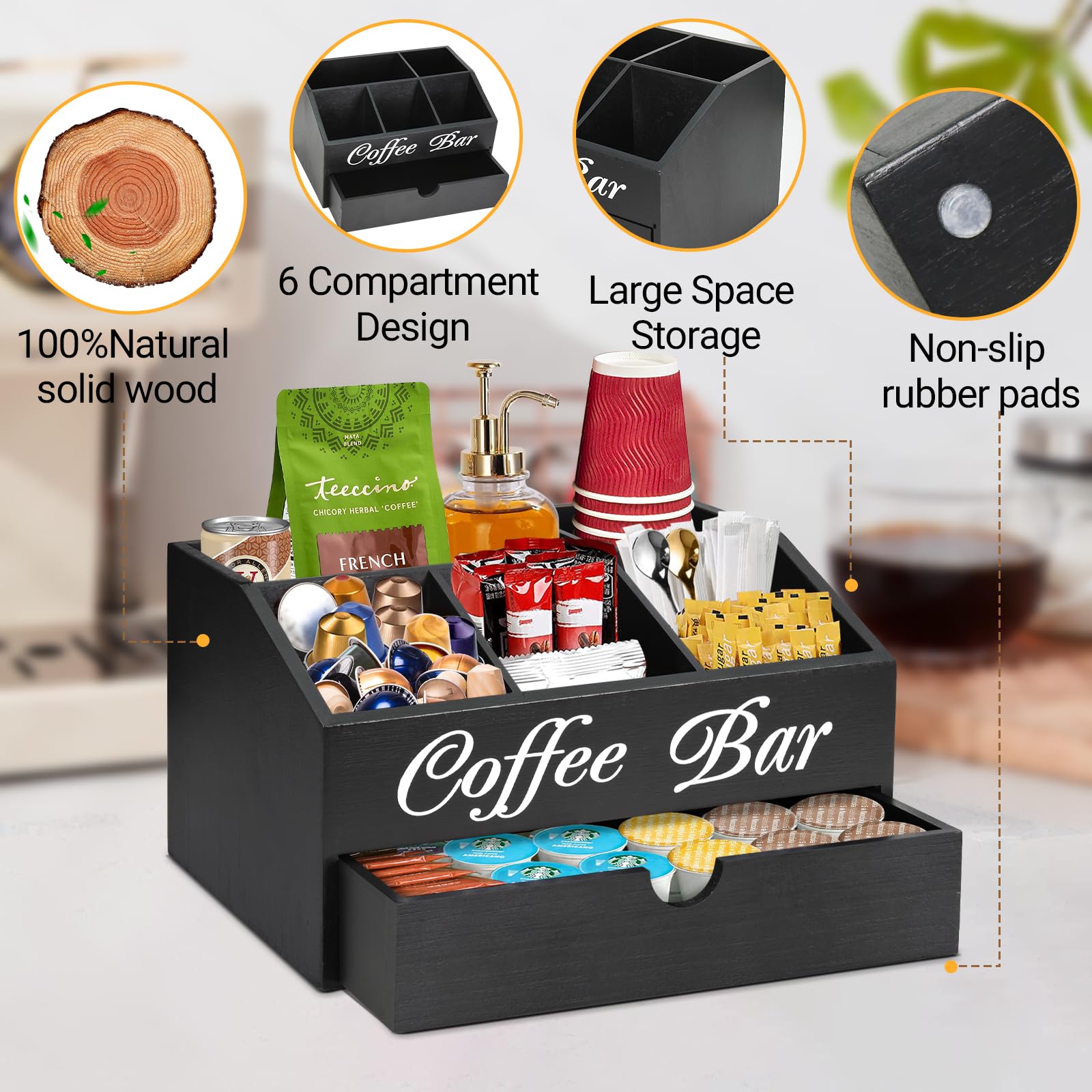 Wood Rustic Coffee Bar Organizer Countertop Wooden Coffee Bar With Drawer Kitchen Cabinet Pantry Organizer and Bins for Snacks