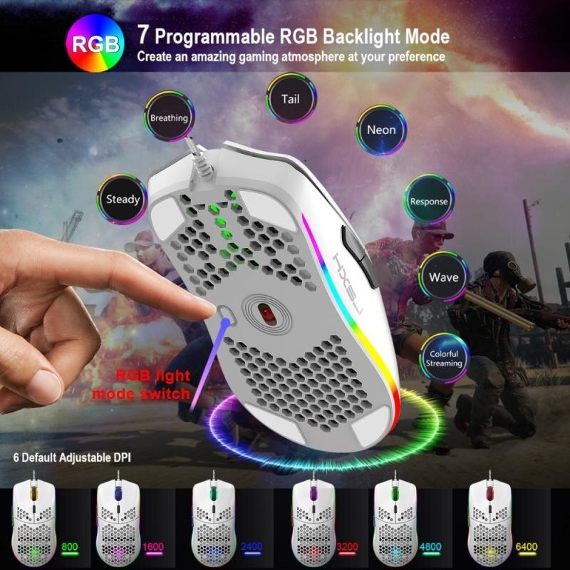 HXSJ-ratón con cable USB J900 para Gaming, Mouse con luz RGB, seis DPI ajustables, ergonómico hueco