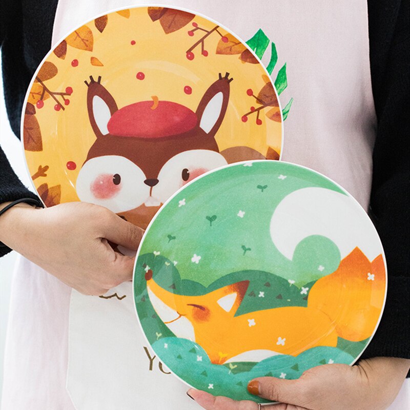 Children's Ceramic Dinner Plate Cartoon Animation Bone China Round Bowl Household Kitchen Supplies Cute Fruit Plate