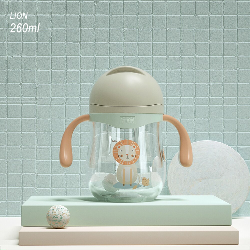 260ml bébé biberon enfants apprennent bouteille d'eau potable dessin animé bébé tasse paille poignée bouteille bébé alimentation fournitures: LION 260ml