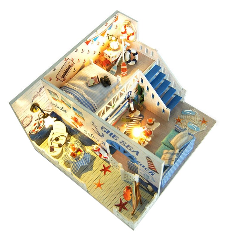 Dukkehus miniature med møbler, diy træhus kit plus støvtæt  , 1:24 lille husbygningssæt ， (kærlighedens oceaner）