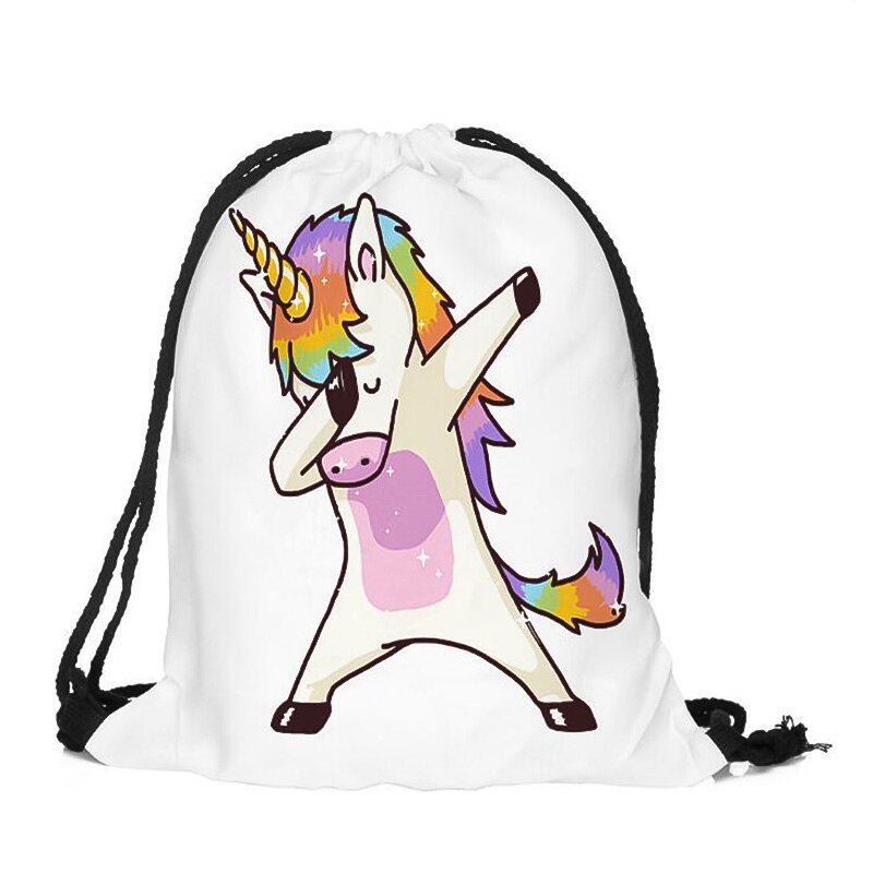 Gril Grappige Eenhoorn Zakken 2Pcs Hoge 3D Digital Printing Tasje Kind Eenhoorn Trekkoord pocket Rugzak: White