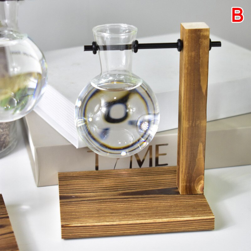 Table Desk Bulb Glass Hydroponic Vase Flower Plant Pot with Wooden Tray Office Decor FEA889: b