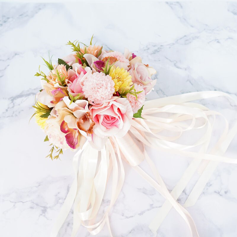 Bride Holding Flowers Bouquet Artificial Wedding Flower Ribbon Bridal Bouquet For Bride Bridesmaids Pink Champagne Bouque PH068