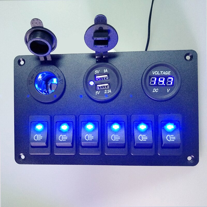 Waterproof Boat Switch Panel Car Switch Panel Digital Voltmeter Dual USB Port 12V Outlet 6 Gang Combination Panel