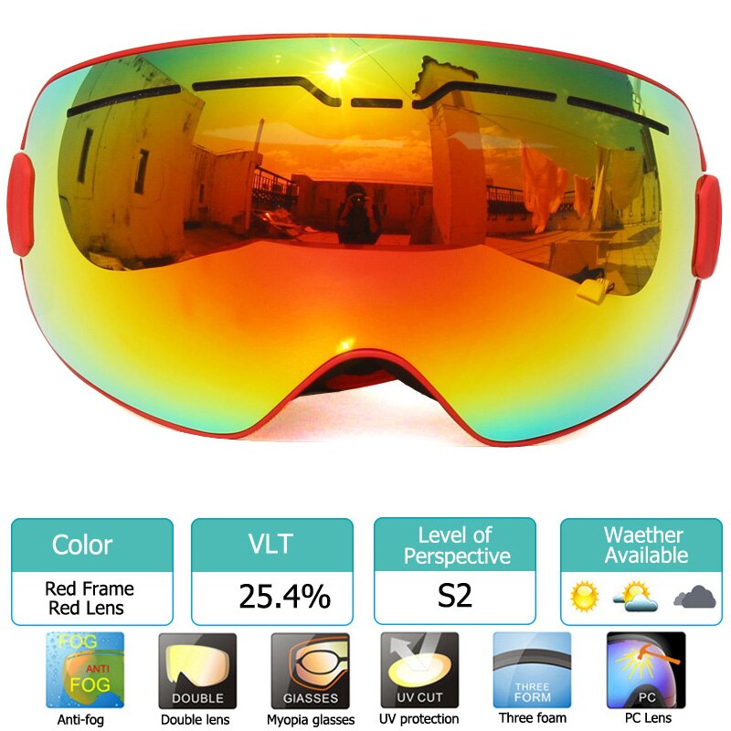 Uv400 anti-condens skibrillen met dubbele laag, grote lenzen, skibrillen met grote frame, sneeuwbrillen voor mannen, snowboardbrillen met spiegelcoating: Rood