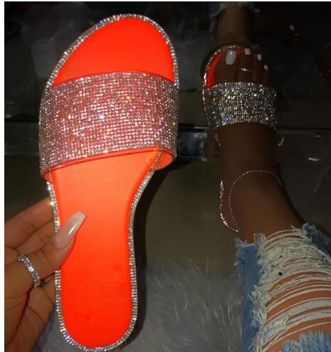 Summer Women Sandals Crystal Slippers Glitter Flat Bling Female Candy Color Flip Flops Outdoor Ladies Slides Beach Shoes: Orange / 38
