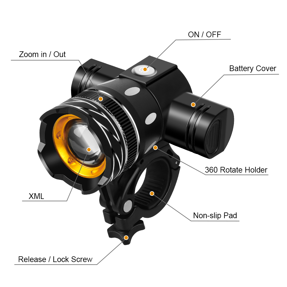 Luz delantera LED T6 para bicicleta, faro para bicicleta con Zoom ajustable, recargable por USB, resistente al agua, accesorios para bicicleta de montaña