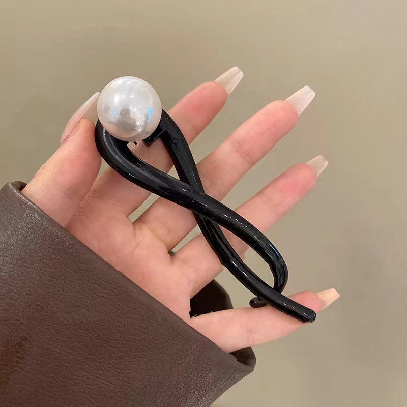 Pinzas para el cabello con forma de cola de caballo Retro para mujer, horquillas con Clip de tiburón y perlas a la , pasadores, accesorios para el cabello: Negro
