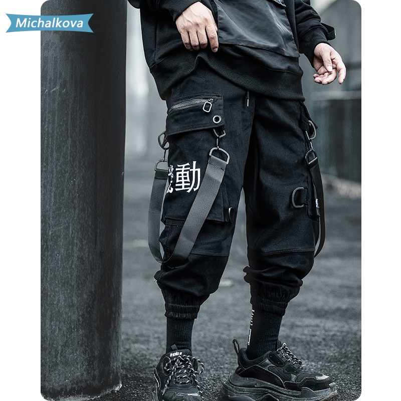 Monitaskuinen hiphop miesten vaatteet kirjonta nauha joustava vyötärö harajuku katuvaatteet lenkkeilijät housut techwear housut michalkova