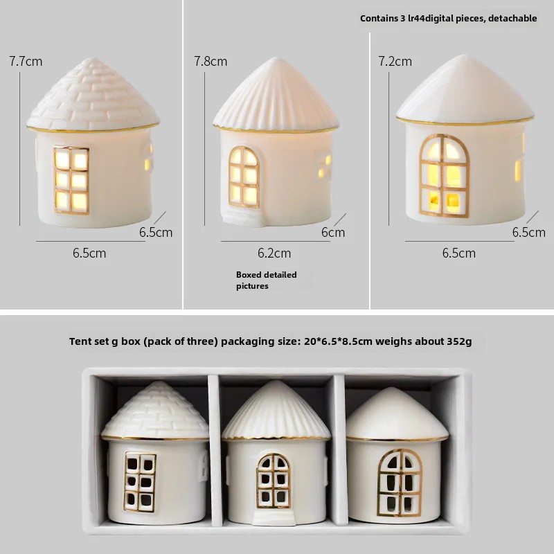 Keramisk julepyntsett med 3 glødende snøhuspynt små scenedekorasjoner til hjemmekontor: Lilla