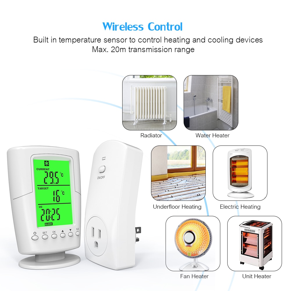 Thermostat intelligent à télécommande sans fil, prise enfichable, chauffage, programme de refroidissement, contrôleur de température avec rétro-éclairage LCD