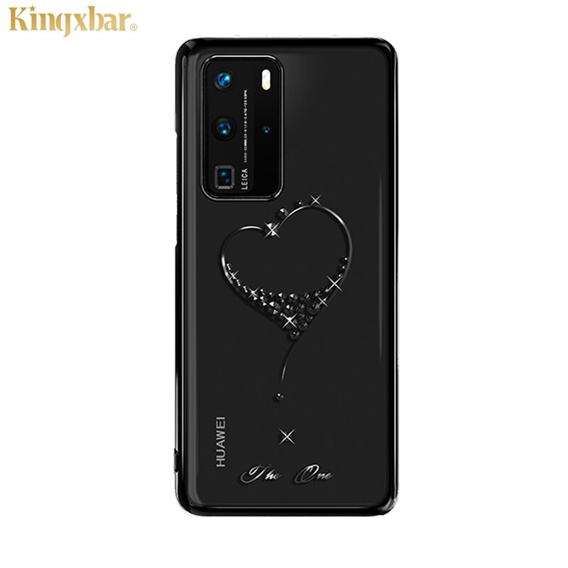 Original kingxbar cristais de luxo caso strass para huawei p40/pro moda fino banhado a flor duro claro pc capa traseira caso: For P40 / Heart Black