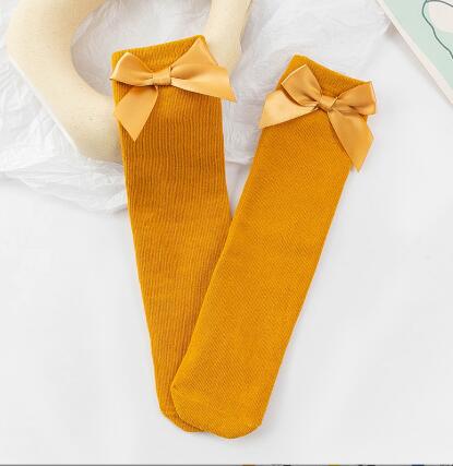 Jambières en coton pour bébé fille, bas en dentelle avec double aiguille et nœud papillon, tenue chaude pour les jambes,: dark yellow