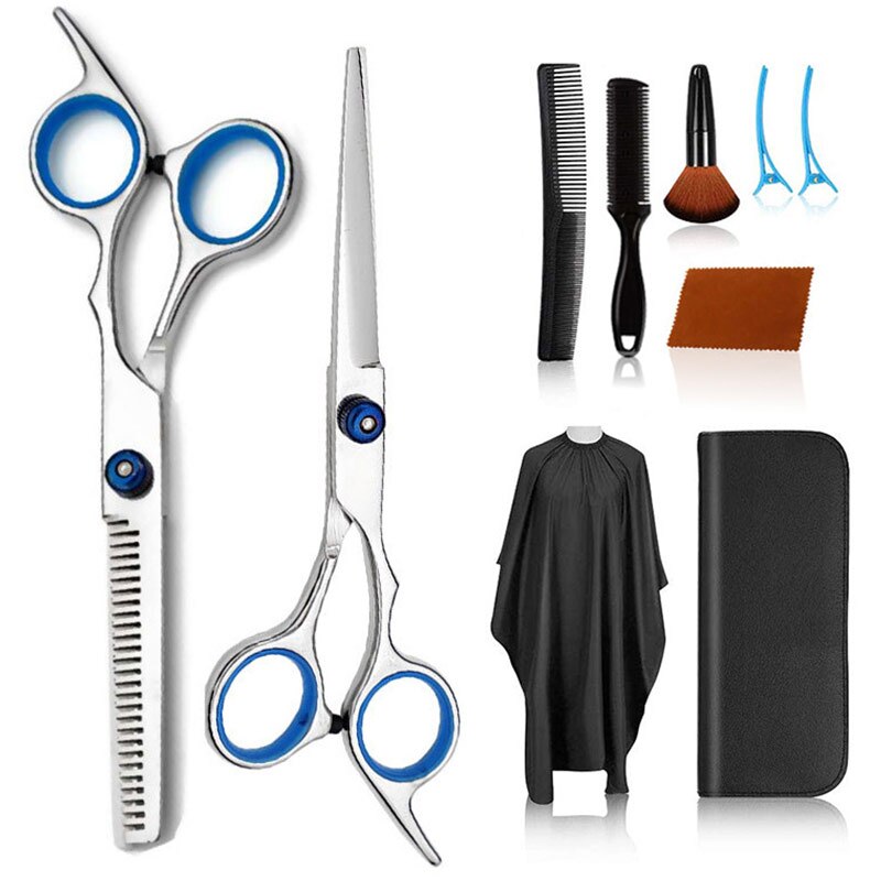 10 pcs hair cutting shears scissors set barber accessories barber tools salon equipment kappersschaar thinning accesorios cut: Blue 10 pieces