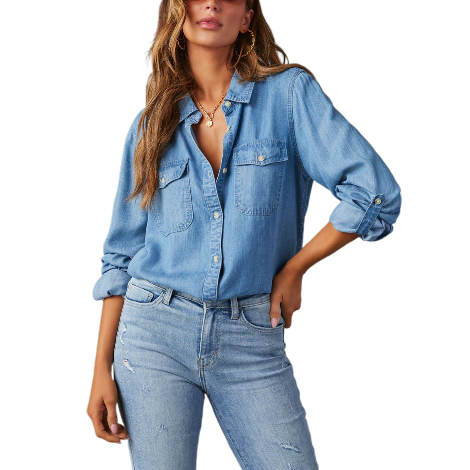 Vår lösa casual toppar kvinnor denimskjortor enfärgade nedåtgående krage långärmade jeansblusar streetwear: L / Djupblå