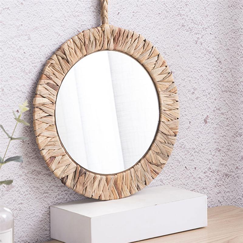 1Pc Idyllic Rattan Woven Mirror Natural Wall-mounted Mirror Bedroom Decor Khaki