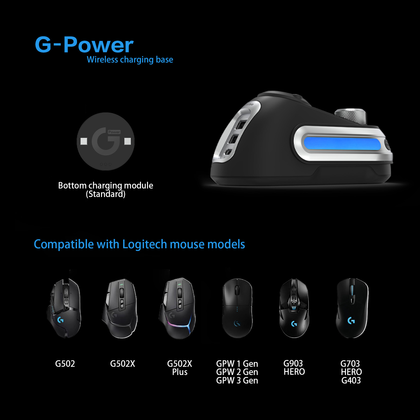 Fanxoo G-Power Mouse Wireless Charging Dock for Logitech G502 G502X Plus GPW G903 with RGB light computer volume control knob