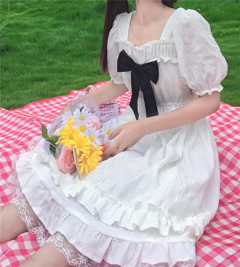 Kawaii mignon Lolita robe blanche noir nœud papillon doux mignon japonais robe victorienne robe kawaii fille gothique lolita