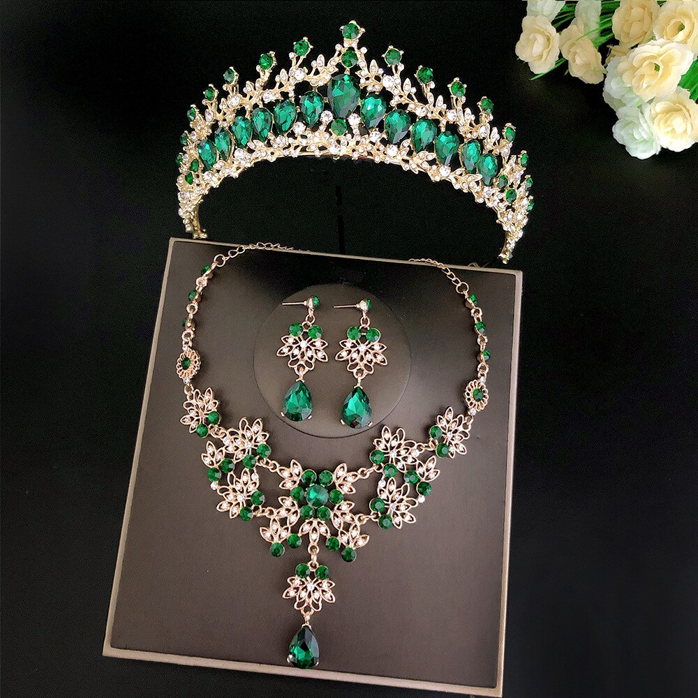Set di gioielli da sposa in cristallo barocco oro verde rosso blu Set di gioielli da sposa con strass diadema corona orecchini girocollo Set di gioielli da sposa Dubai: 3Pcs Green Jewey Set