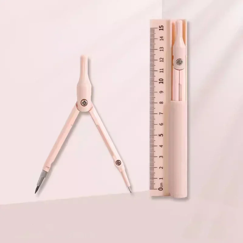 3-in-1 kompas geometrieset met liniaal potlood Kawaii multifunctionele tekening kompas wiskunde geometrie tool kantoor schoolbenodigdheden: Roze